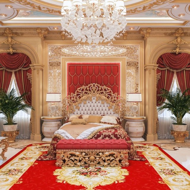 Интерьер спальни с красным цветом