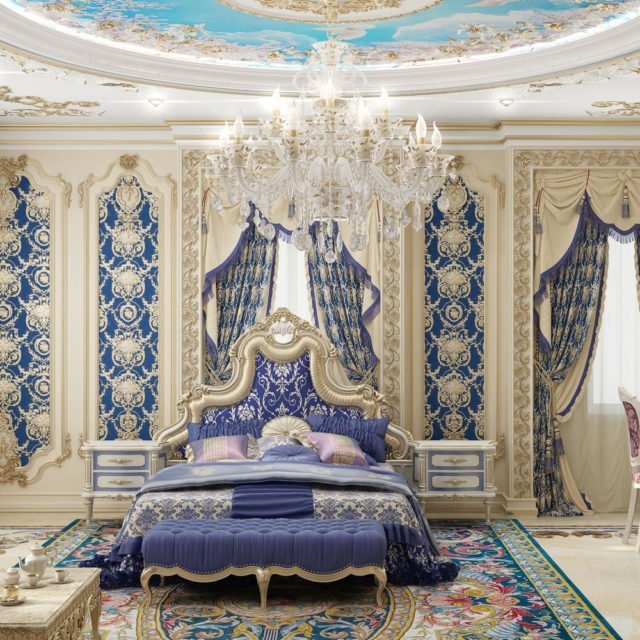 Красивая спальня в бело-голубых тонах