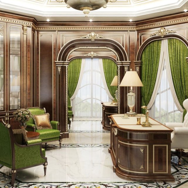 Красивый кабинет с зелеными шторами
