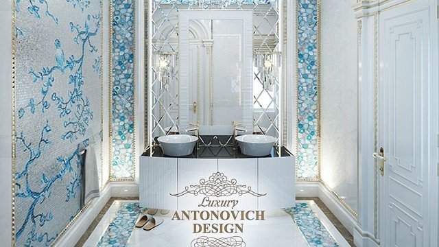 стильный дизайн ванной комнаты с витражом