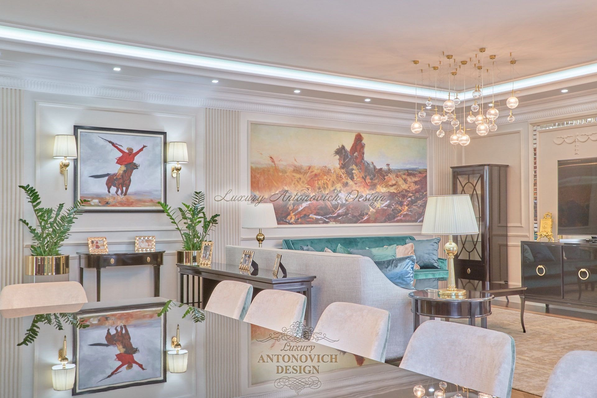 Роскошный интерьер диванной зоны в стиле современная классика, квартира в Нур-Султане
