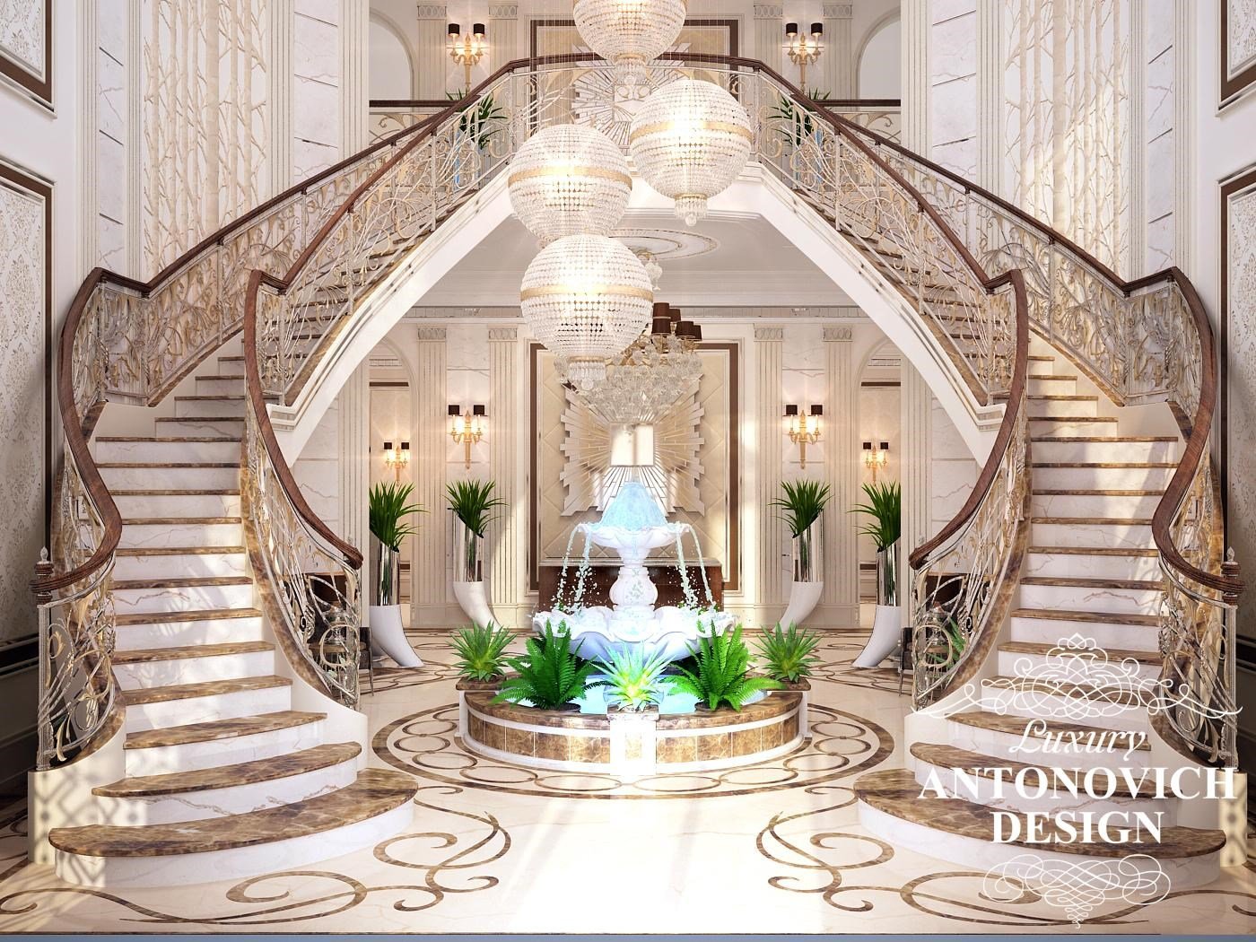 Элитный проект дома с роскошной лестницей в стиле современная классика от студии дизайна интерьеров Антонович Дизайн