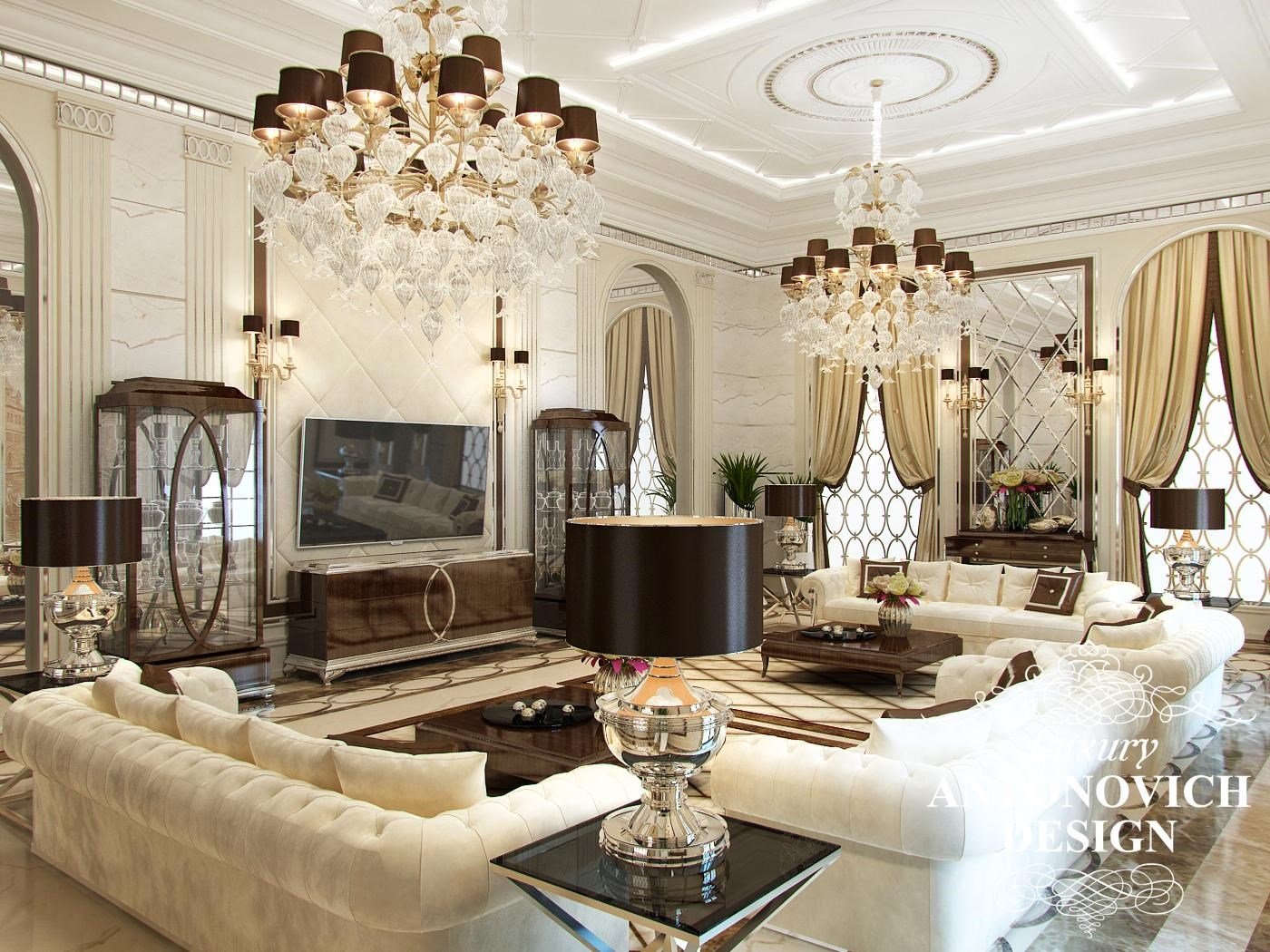 Элитный дизайн дома с красивой столовой в стиле современная классика от студии дизайна в Алматы
