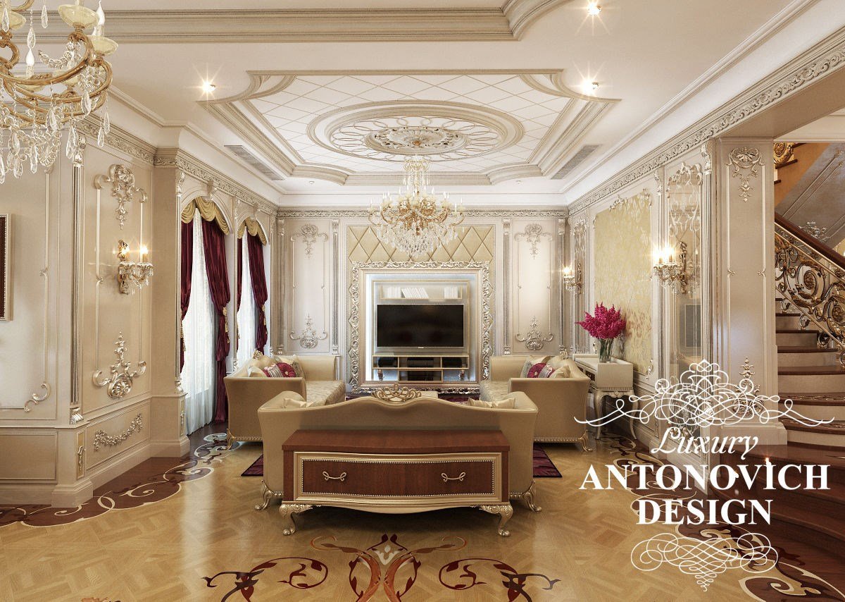 Элитный дизайн проект виллы с уютной гостиной в классическом стиле от дизайн студии Luxury Antonovich Design