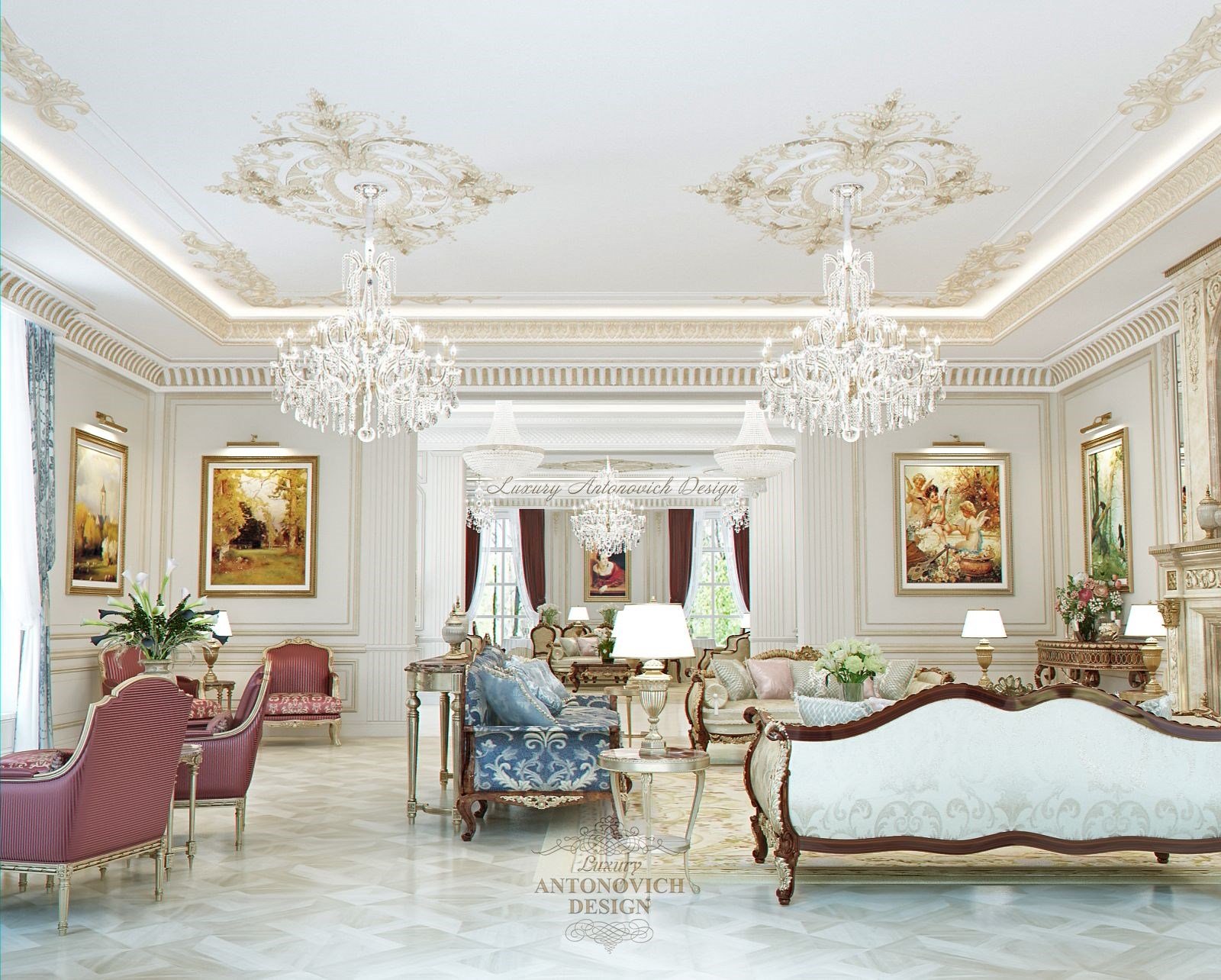 Дизайн интерьера столовой-гостиной особняка в стиле новая классика в Нур-Султане