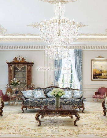 Стильный дизайн интерьера столовой-гостиной особняка в стиле новая классика в Нур-Султане