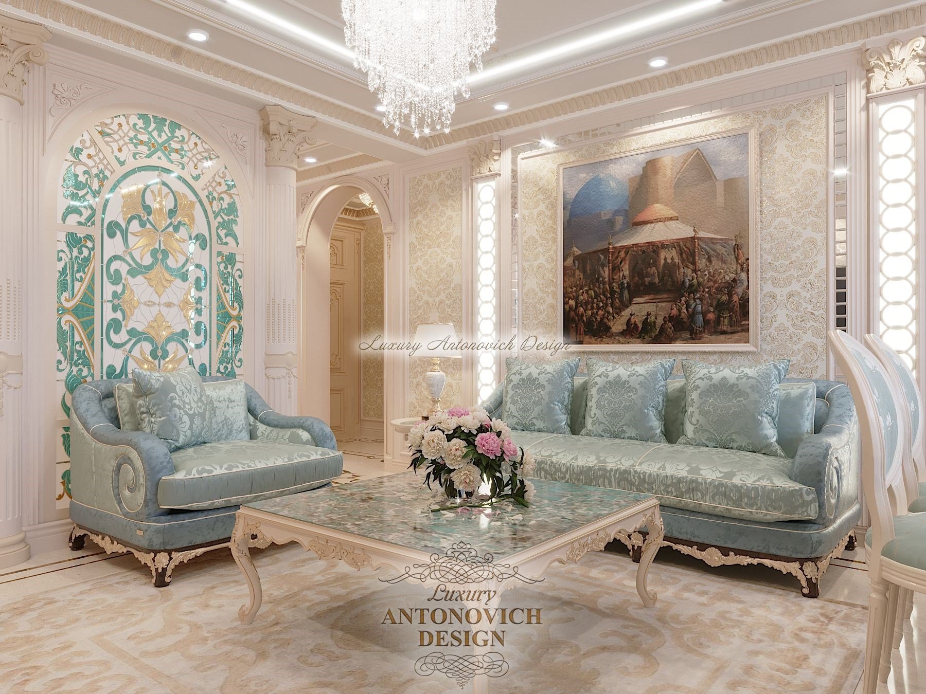 Элитный дизайн интерьера гостиной в стиле современная классика, апартаменты в ЖК Dostyk Residence, Алматы