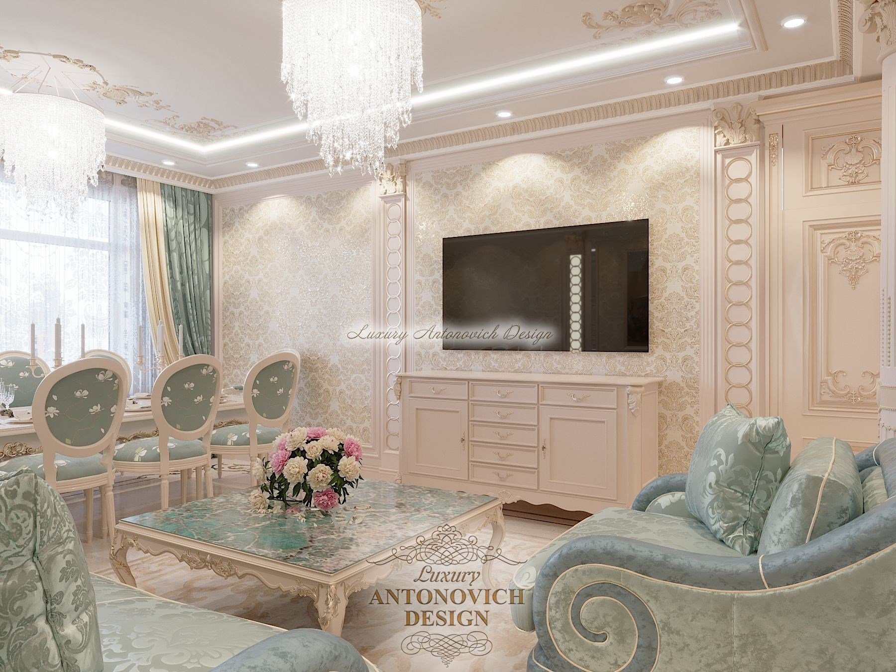 Элитный неоклассический  дизайн интерьера гостиной, апартаменты в ЖК Dostyk Residence, Алматы