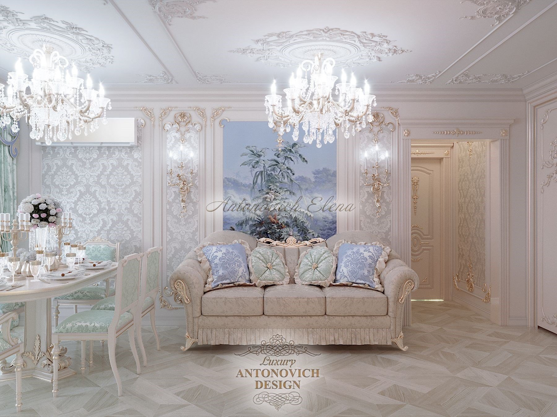 Фешенебельный интерьер гостиной-столовой в классическом стиле. Квартира в ЖК Симфония Набережных, Москва