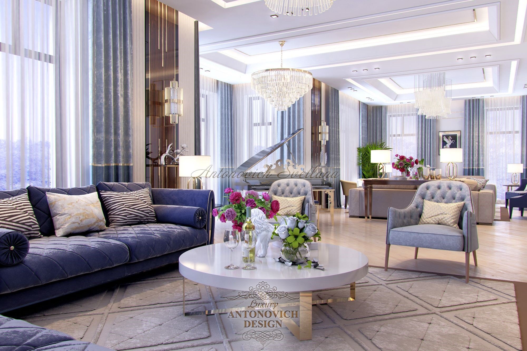 Эксклюзивный неоклассический  дизайн интерьера гостиной, Дом в Алматы