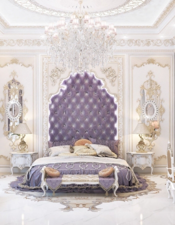 Роскошная спальня с красивой декор панелью из шелка