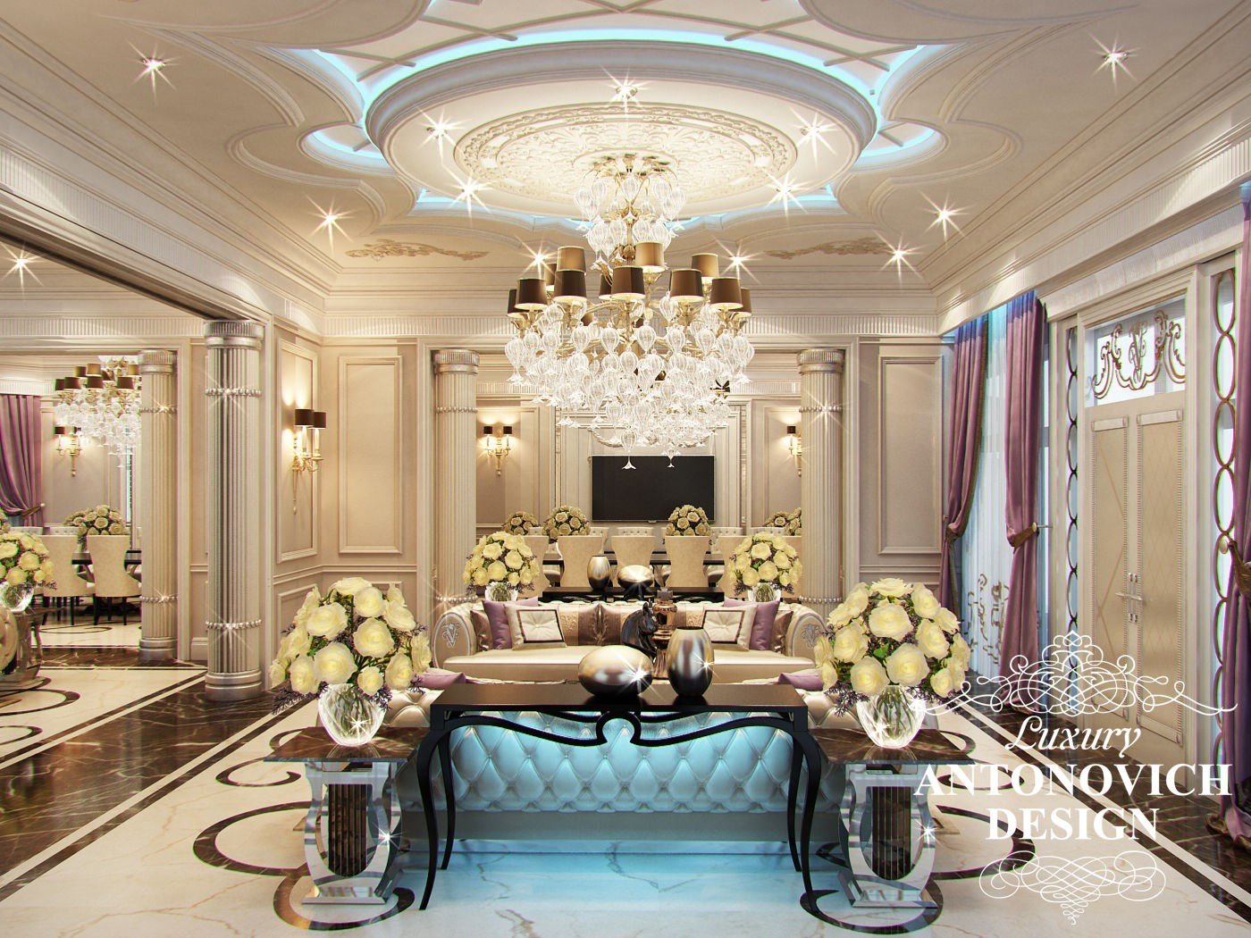 Элитный дизайн интерьера дома с красивой столовой в стиле современная классика от дизайн студии Luxury Antonovich Design