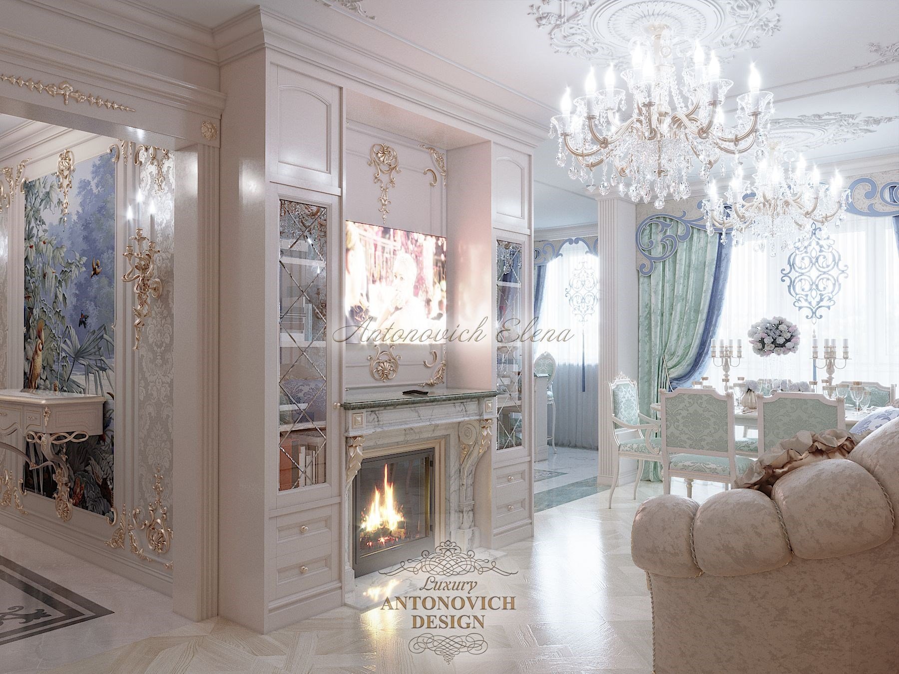 Стильный интерьер гостиной-столовой в классическом стиле от дизайн студии Luxury Antonovich Design