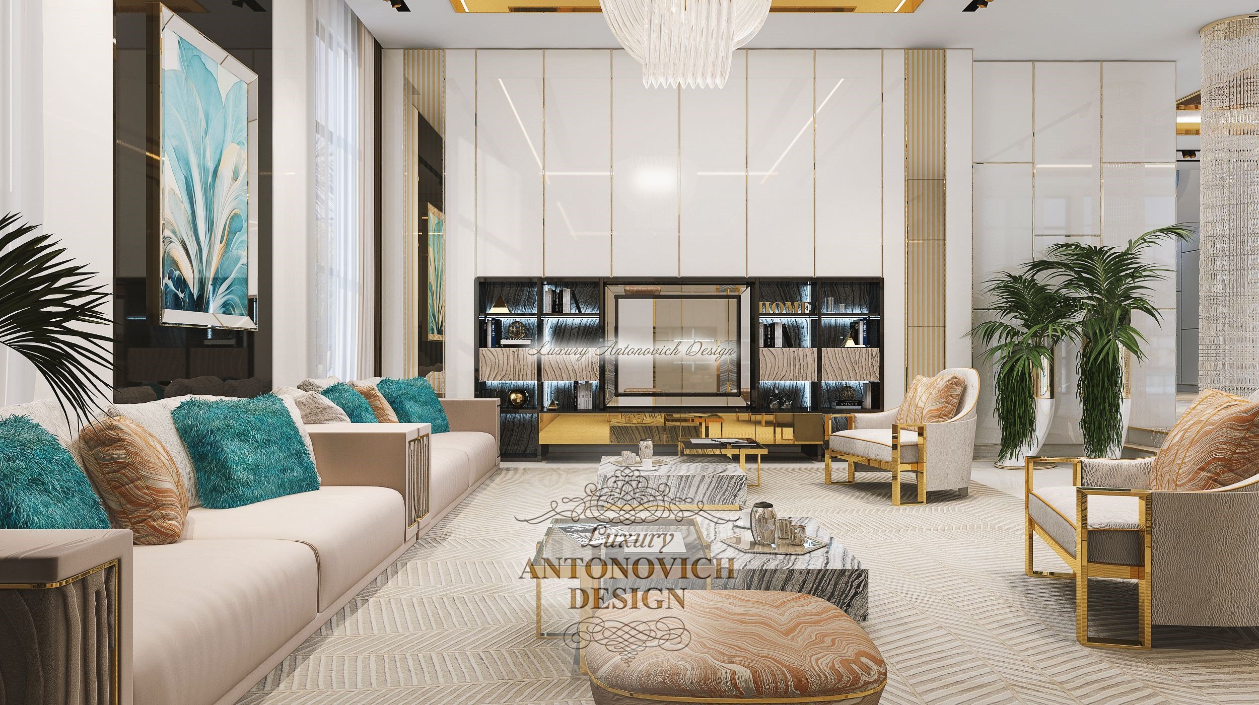 Фешенебельный интерьер гостиной в современном стиле, Пентхаус Palm Jumeirah, эмират Дубай
