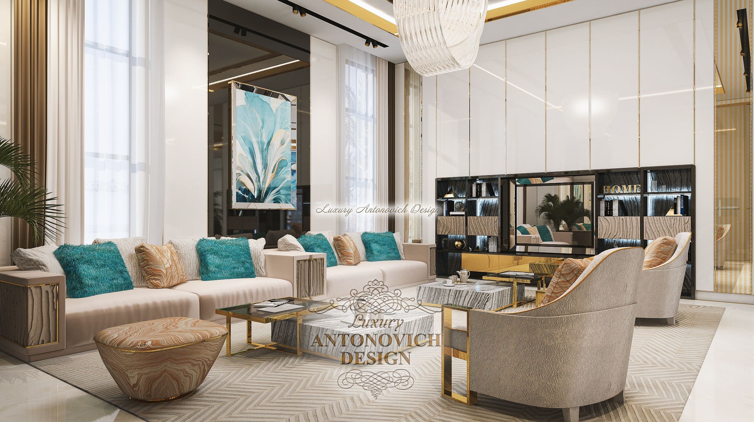 Современный дизайн интерьера гостиной пентхауса Palm Jumeirah, эмират Дубай