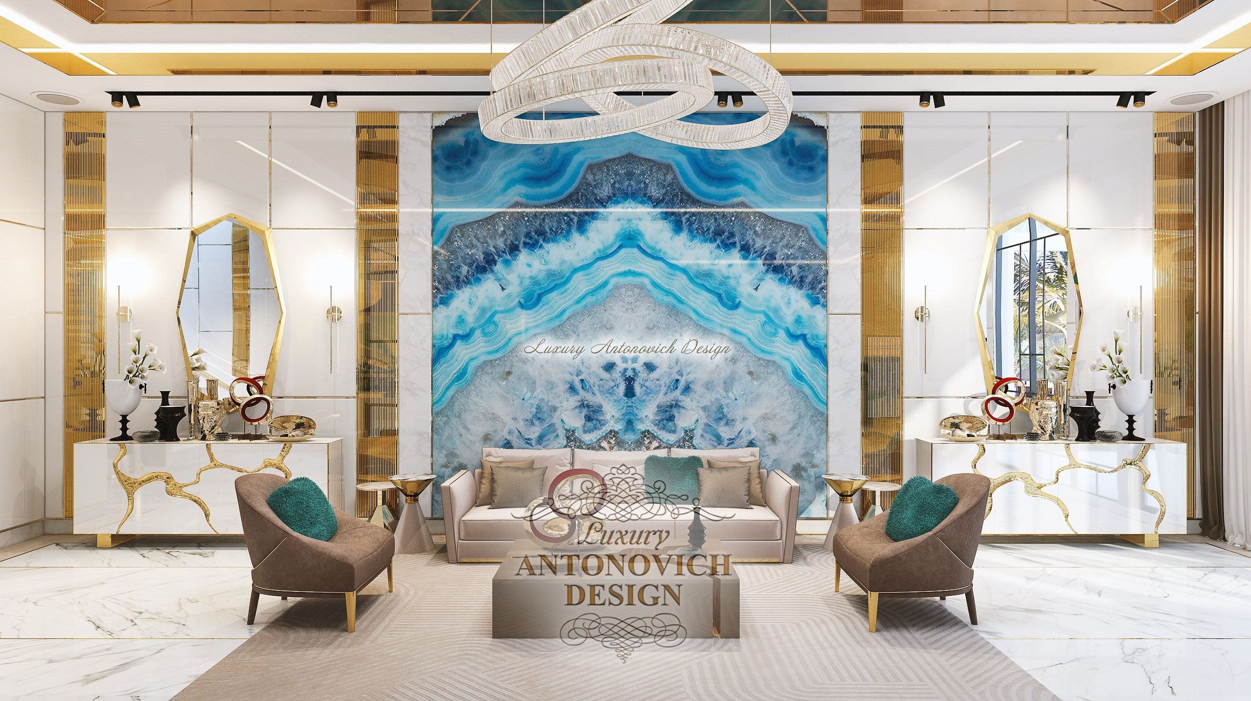 Роскошный современный дизайн интерьера интерьера гостиной пентхауса Palm Jumeirah, эмират Дубай