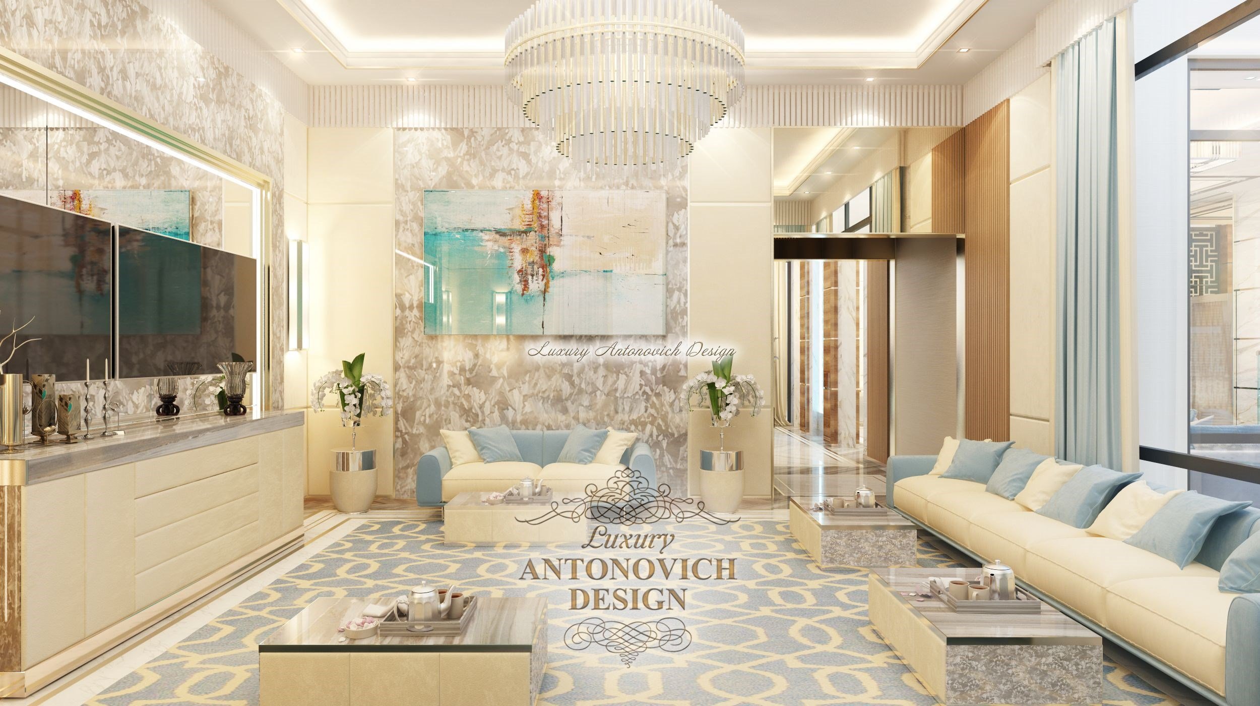 Эксклюзивный современный дизайн интерьера гостиной пентхауса в Дубае