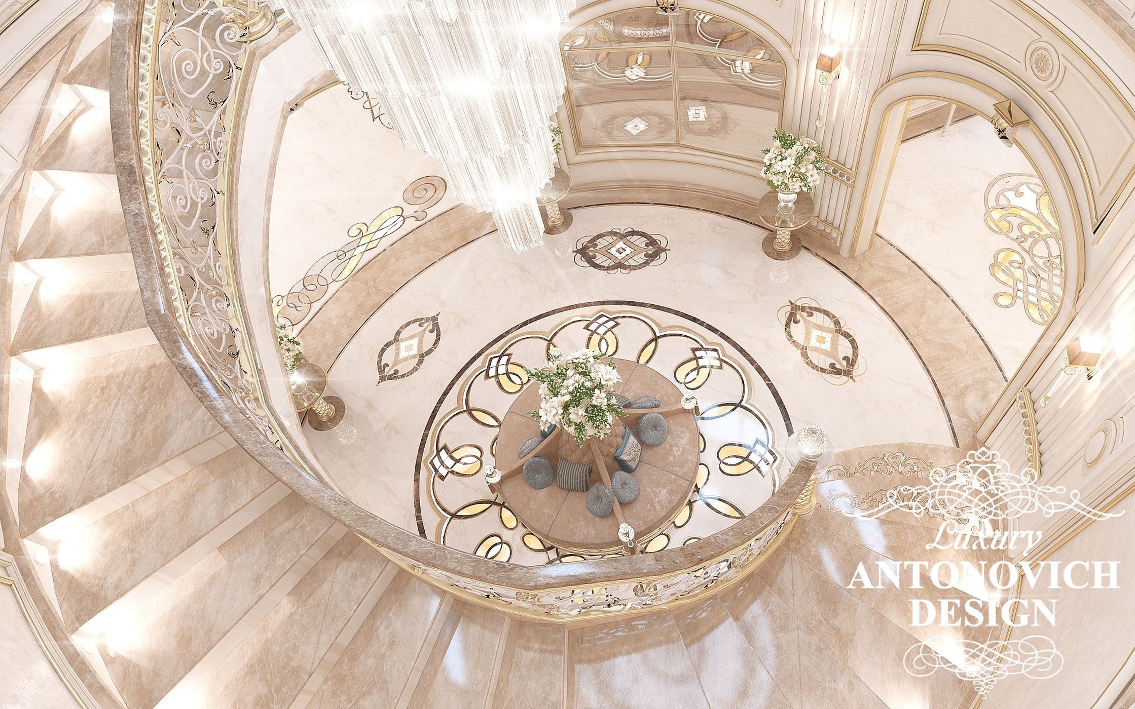 Элитный дизайн дома с роскошной лестницей в классическом стиле от студии дизайна в Астане Luxury Antonovich Design