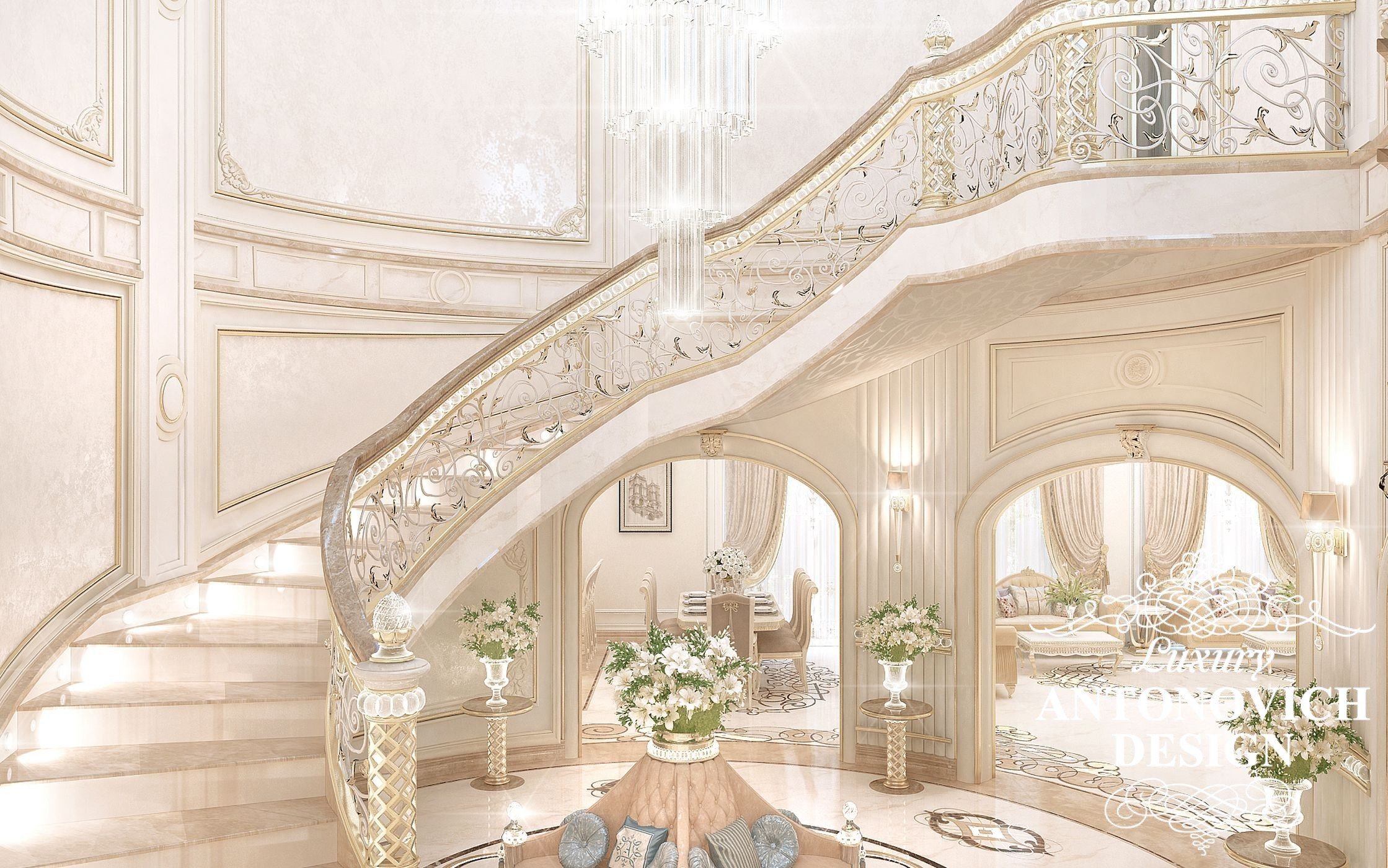 Элитный дизайн проект дома с роскошной лестницей в классическом стиле от дизайн студии Luxury Antonovich Design
