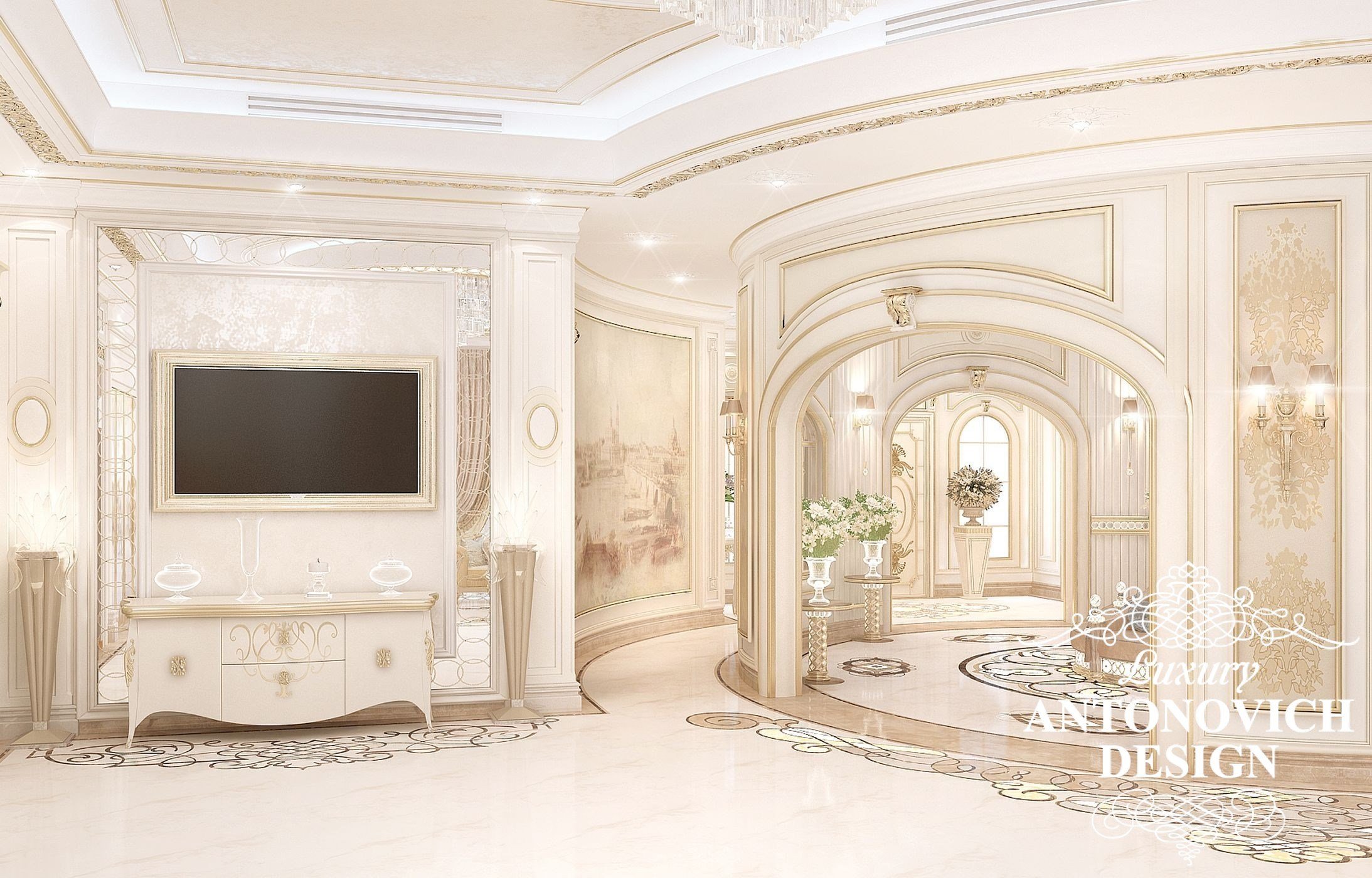 Элитный дизайн интерьера дома с роскошным холлом в классическом стиле от студии дизайна в Астане Luxury Antonovich Design
