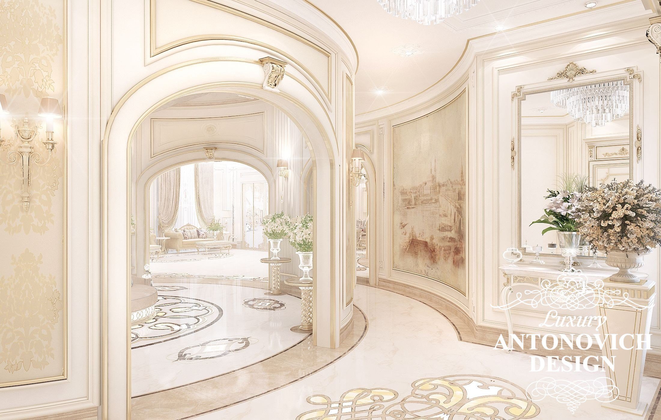 Элитный дизайн интерьера дома с уютной гостиной в классическом стиле от дизайн студии Luxury Antonovich Design