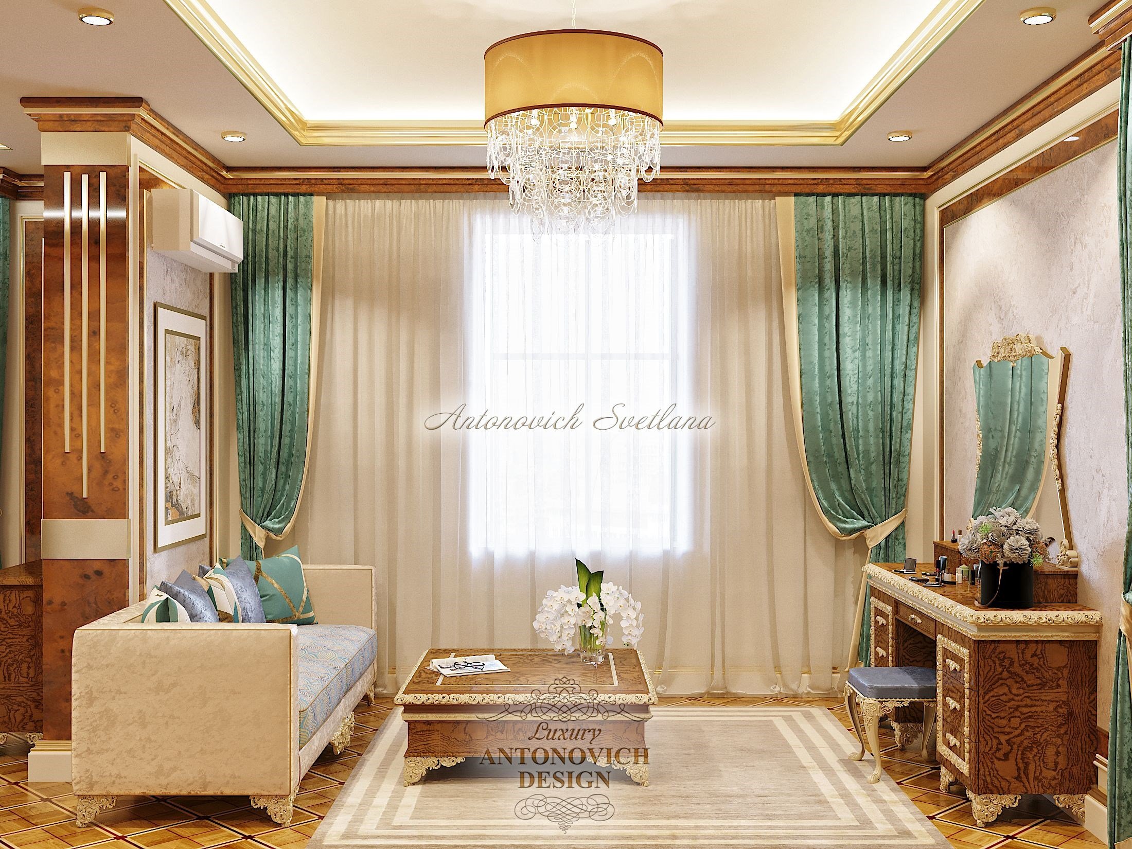 Изысканный интерьер спальни в стиле неоклассика, особняк в Алматы