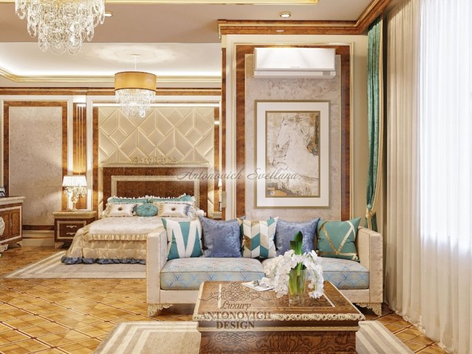 Дизайн интерьера спальни в неоклассическом стиле, особняк в Алматы