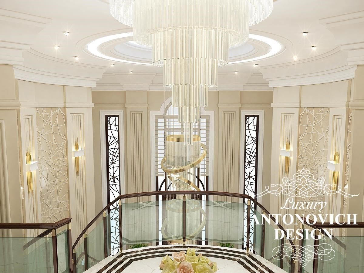 Элитный дизайн проект дома с роскошной лестницей в стиле современная классика от студии дизайна в Алматы