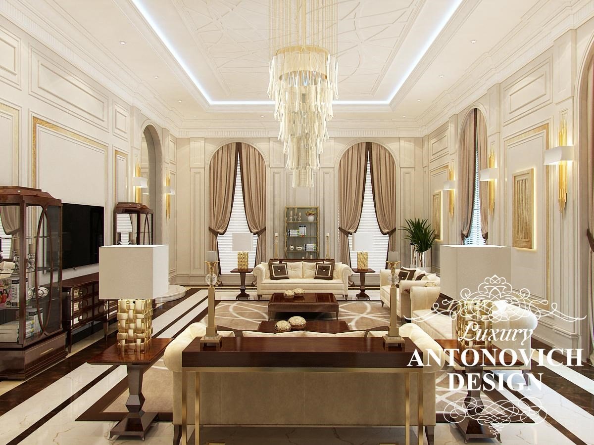 Элитный дизайн дома с красивой кухней и столовой в стиле современная классика от дизайн студии Luxury Antonovich Design
