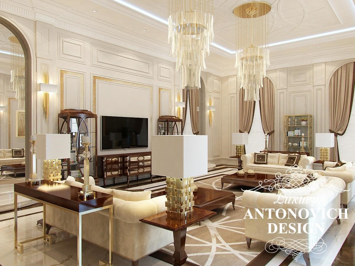 Элитный дизайн интерьера дома с роскошным холлом в стиле современная классика от студии дизайна Антонович Дизайн