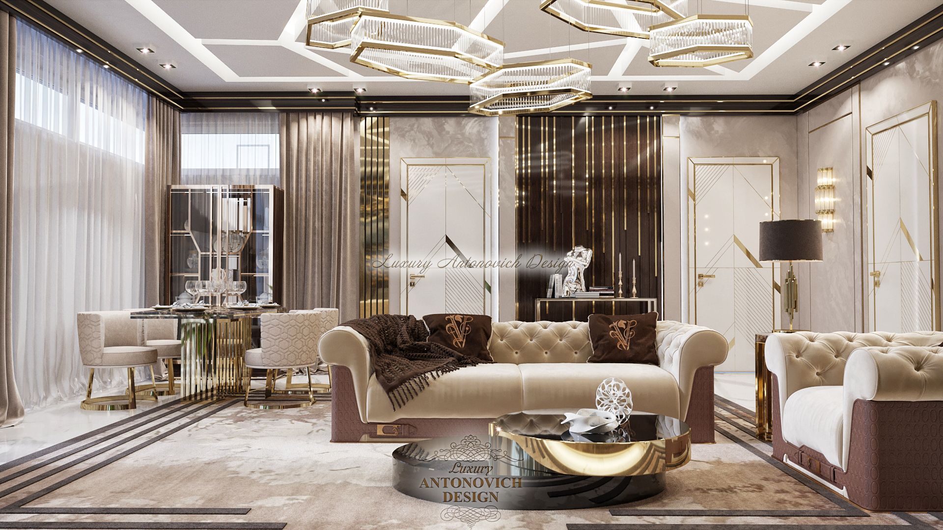 Респектабельная гостиная в стиле контемпорари от студии Luxury Antonovich Design