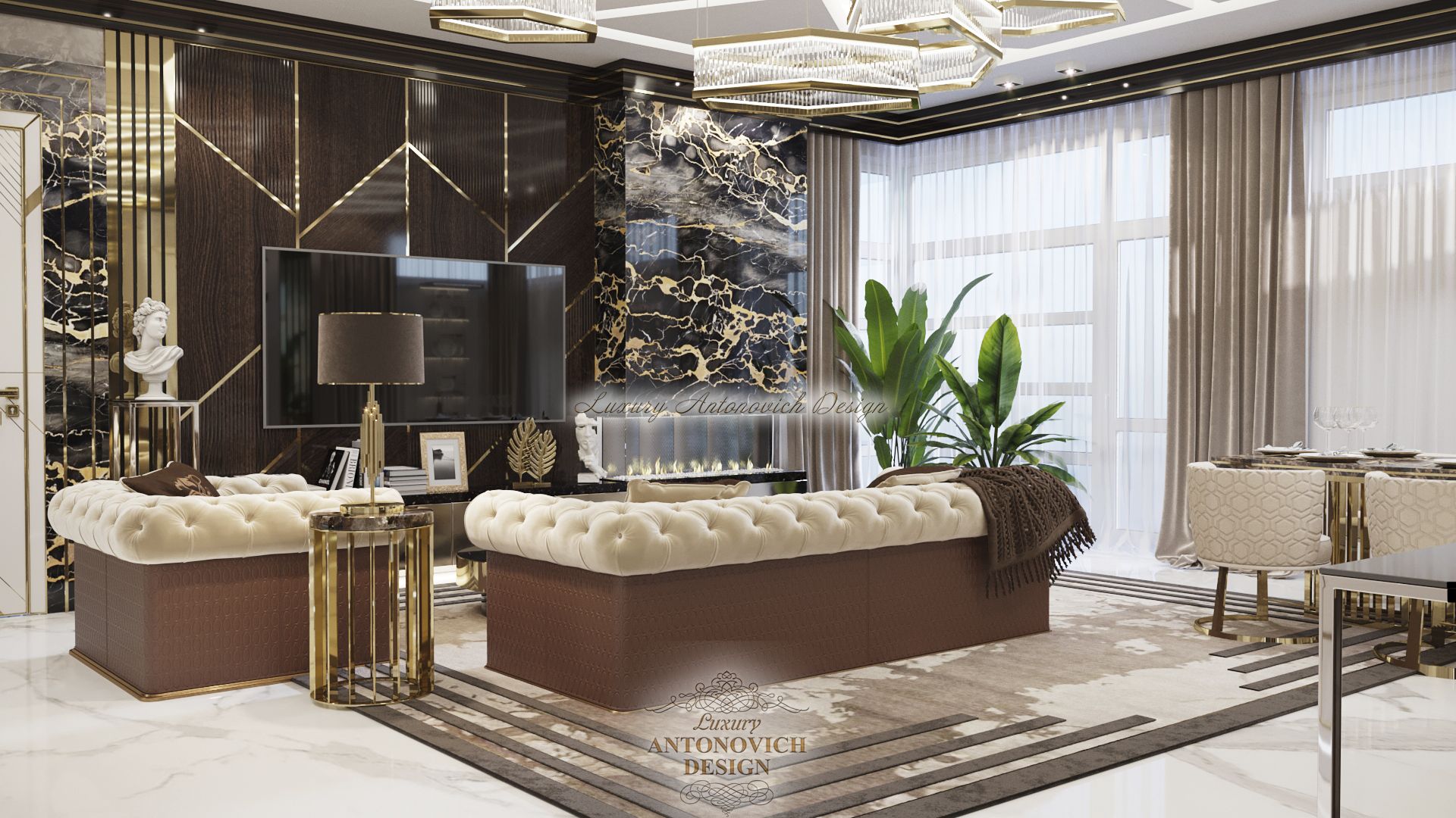 Стильный интерьер гостиной в стиле контемпорари от студии Luxury Antonovich Design