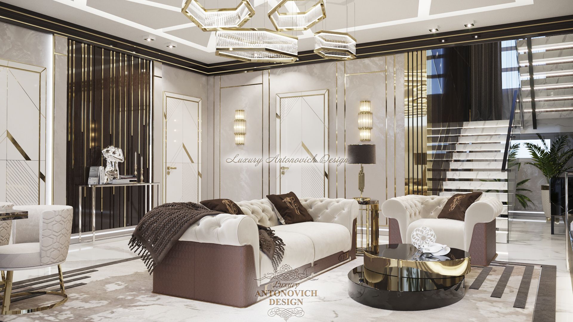 Роскошный интерьер гостиной в стиле контемпорари от студии Luxury Antonovich Design