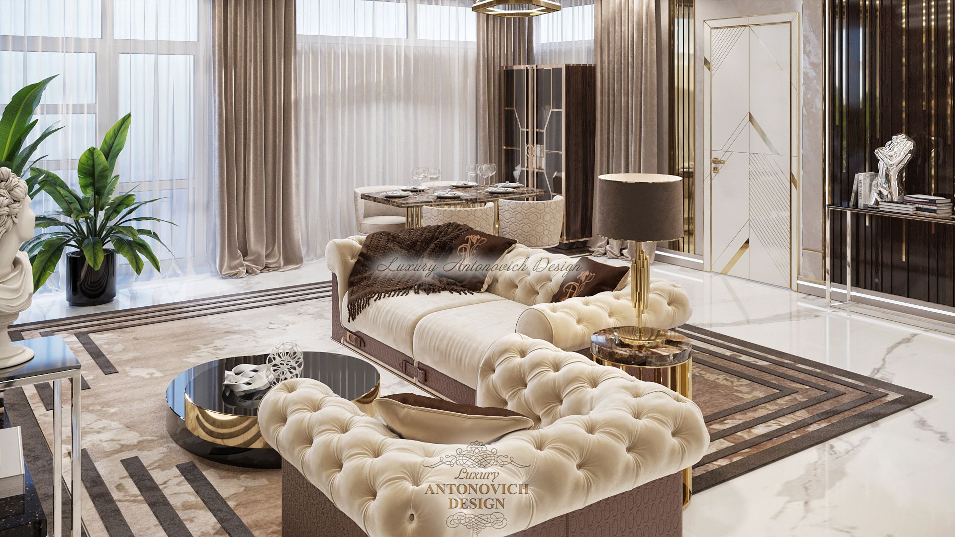 Элегантный интерьер гостиной в стиле контемпорари от студии Luxury Antonovich Design