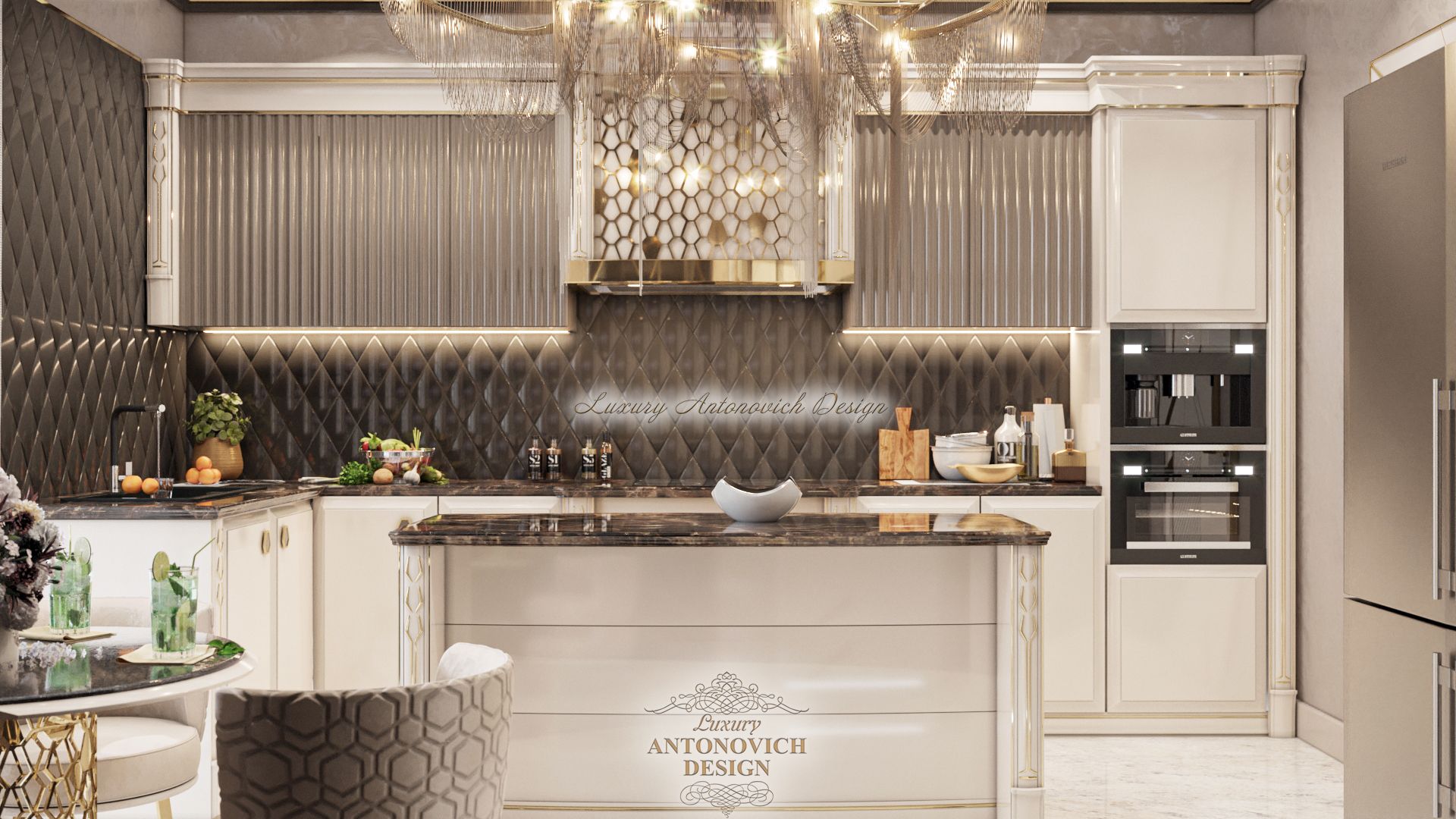 Стильный интерьер кухни-столовойв стиле контемпорари от студии Luxury Antonovich Design